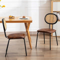 Brown Faux Leather Dining Chairs with Rattan Back and Metal Legs J457641