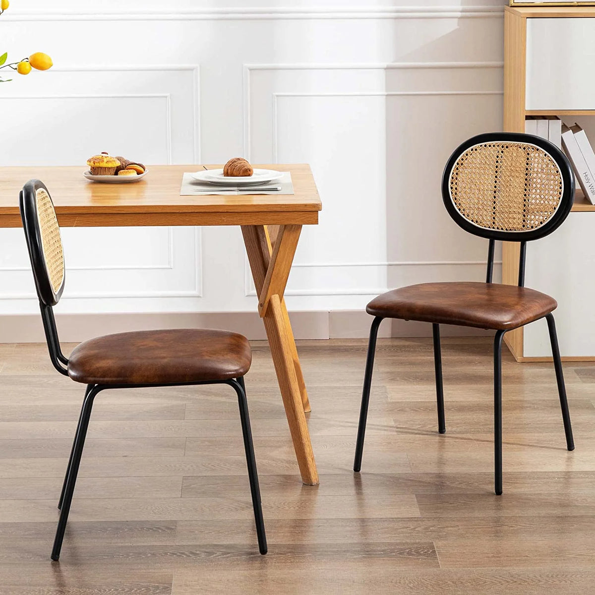 Brown Faux Leather Dining Chairs with Rattan Back and Metal Legs J457641