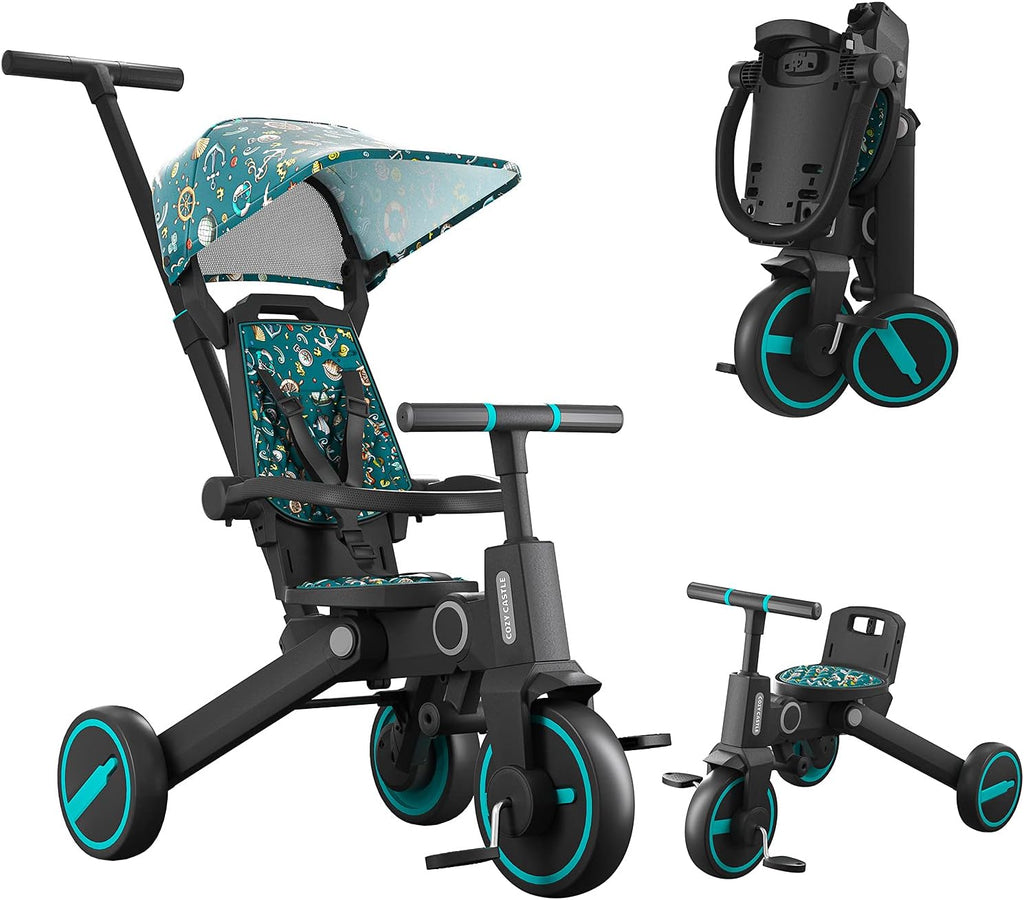 7-in-1 Foldable Toddler Tricycle with Adjustable Canopy and Detachable Pedals (Green) F47225