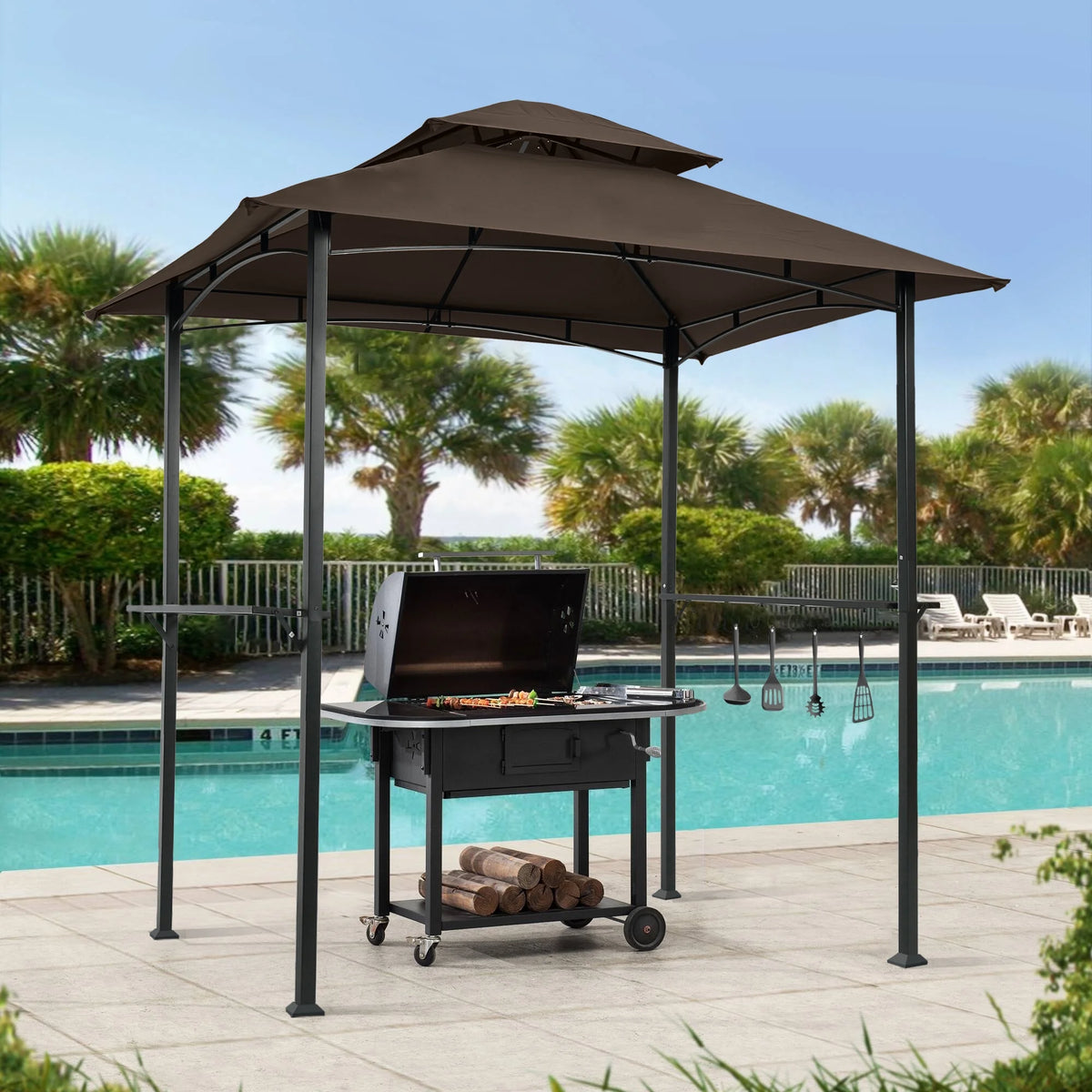 Brown Steel Frame Outdoor Grill Gazebo with Canopy R5288