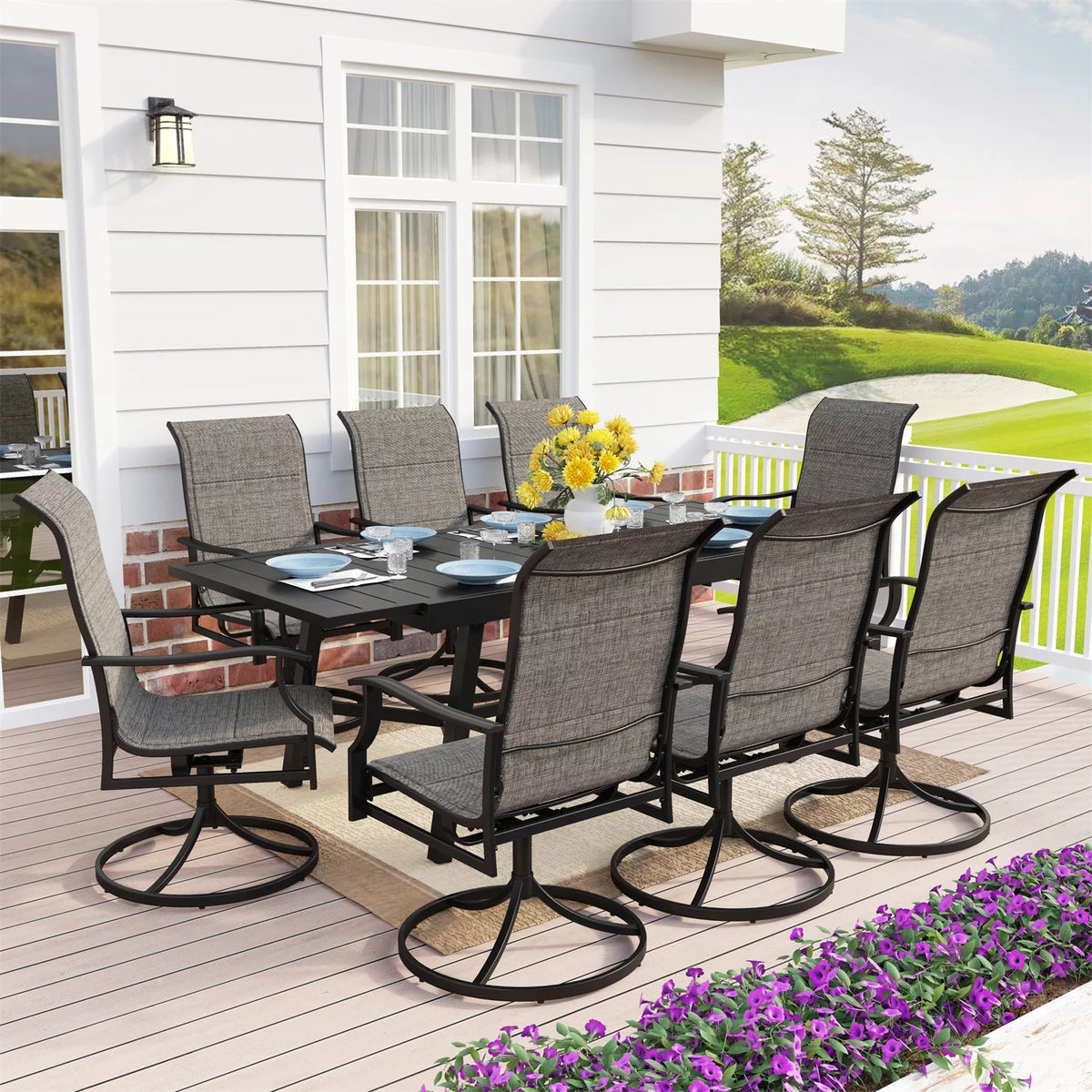 9-Piece Outdoor Patio Dining Set with 8 Swivel Armchairs & Extendable Table U7157