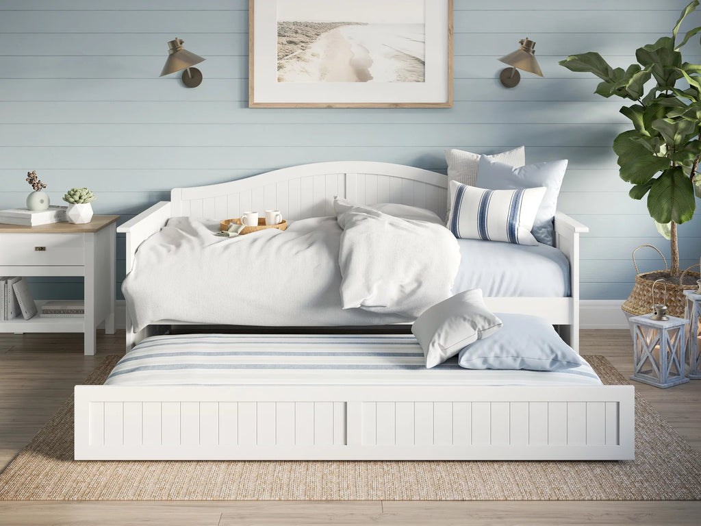 White Twin Size Wood Daybed with Trundle T749342
