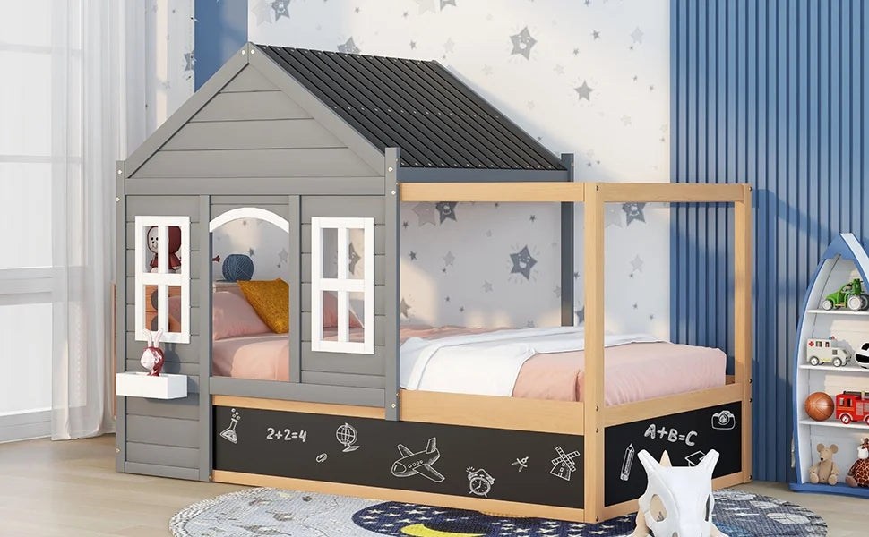 Wood Twin Size House Bed with Roof and Blackboard W1271