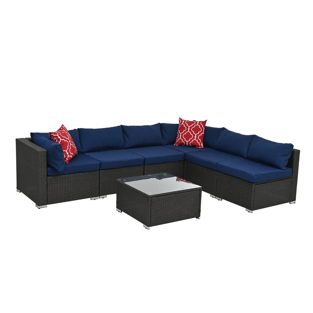 7 Piece PE Rattan Patio Furniture Set with Cushions and Glass Coffee Table Y4333