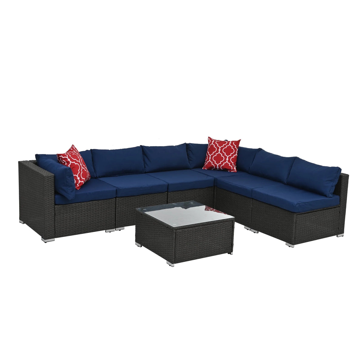 7 Piece PE Rattan Patio Furniture Set with Cushions and Glass Coffee Table Y4333