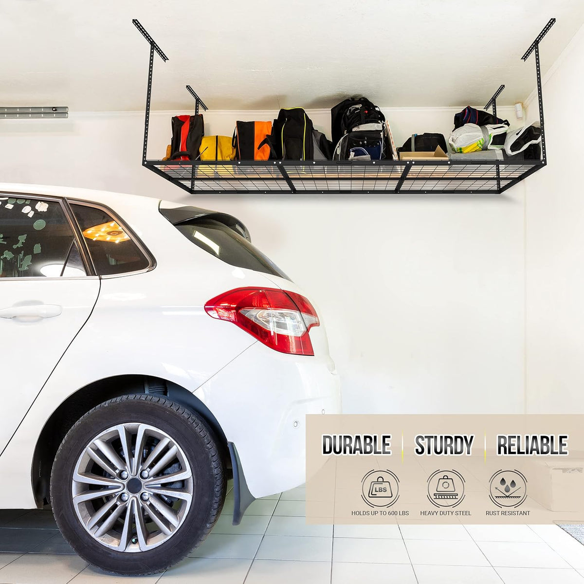 Overhead Garage Shelving Storage Rack, Adjustable 3’ x 6’, Heavy Duty Mounted Storage Shelves with 4 Flat Hooks Q127641