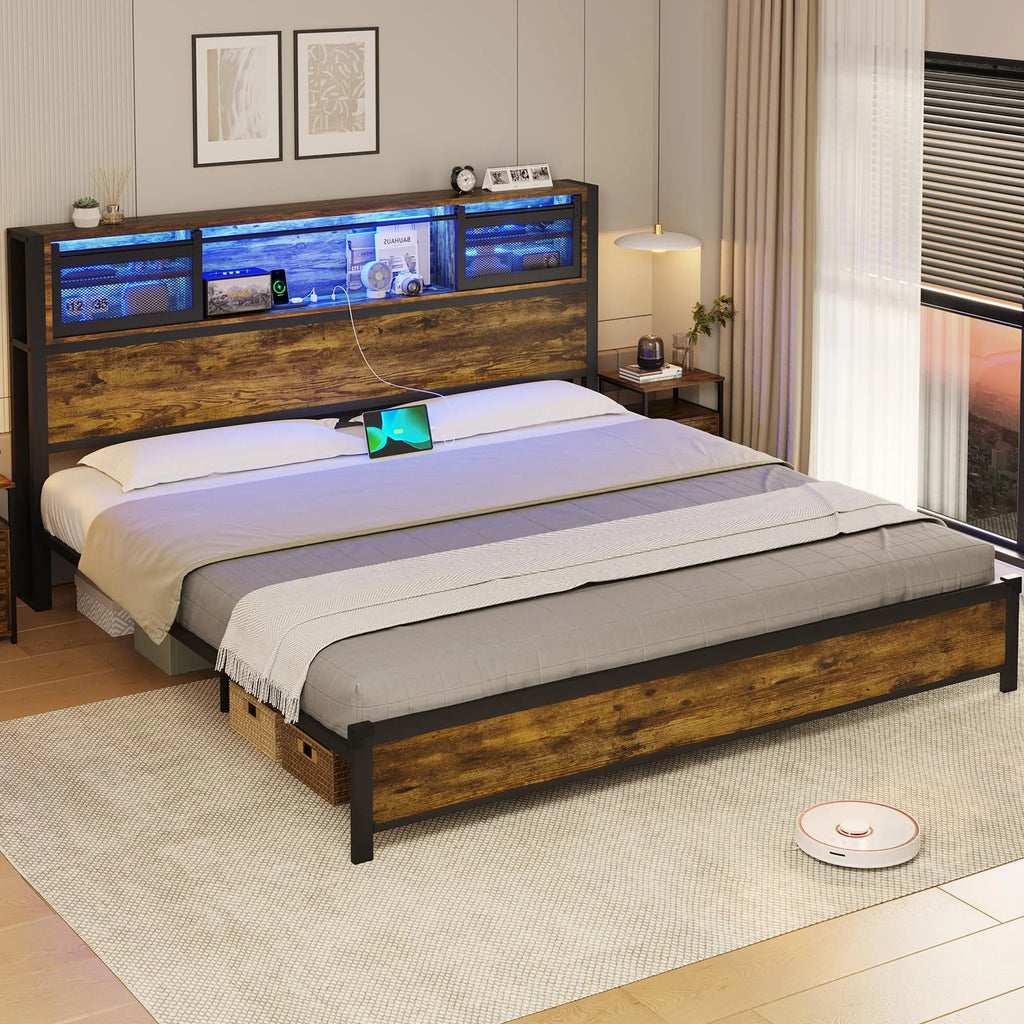 Queen Size Metal Platform Bed Frame with Storage Headboard F664927