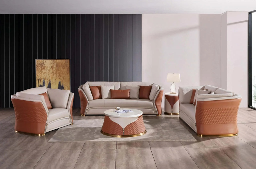 Sand Beige-Cognac Leather Coffee Table Set 2P J99916