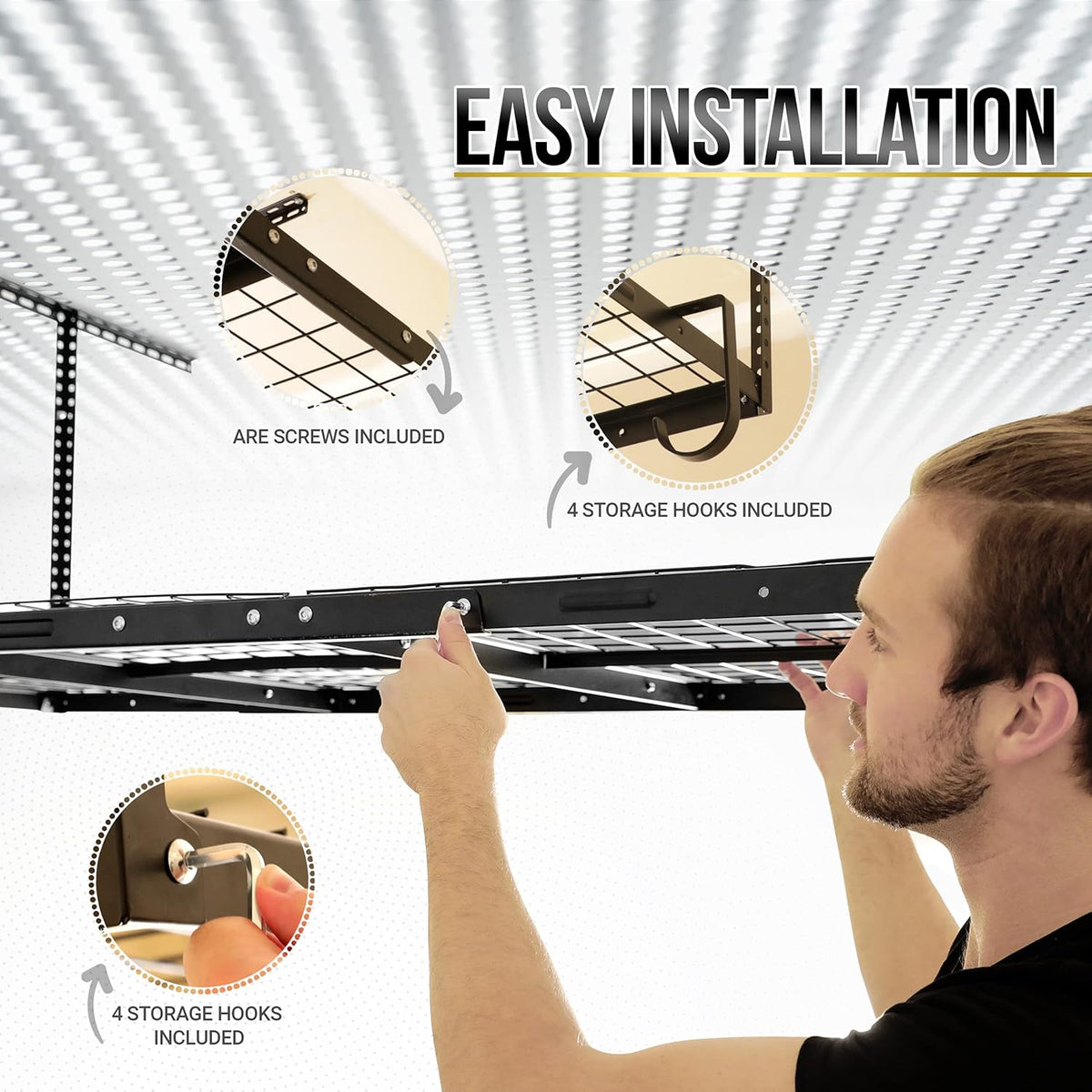 Overhead Garage Shelving Storage Rack, Adjustable 3’ x 6’, Heavy Duty Mounted Storage Shelves with 4 Flat Hooks Q127641