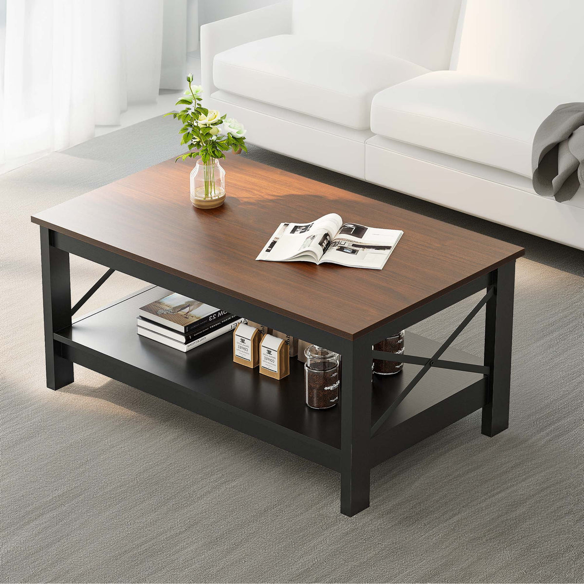 2-Tier Brown Coffee Table with Open Storage Shelf O826240