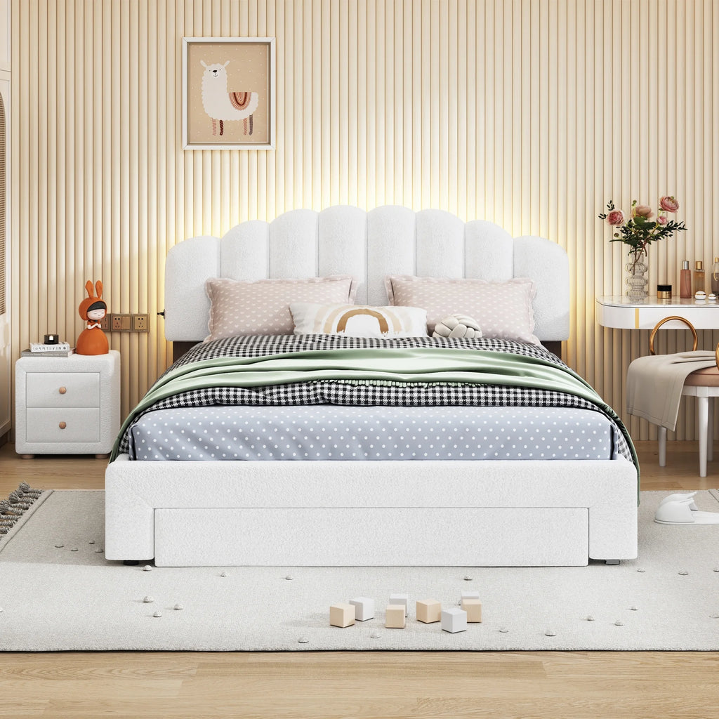 White Queen Size Upholstered Platform Bed with Nightstand F74535