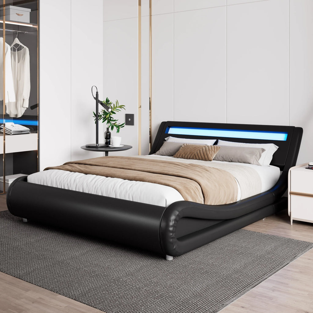 Queen Size Upholstered Bed Frame with LED Headboard, Black N186