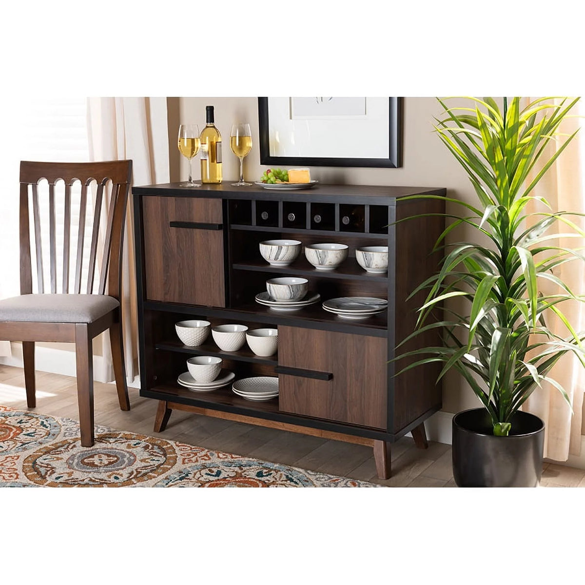 Walnut Brown and Black Wood Wine Storage Cabinet U643