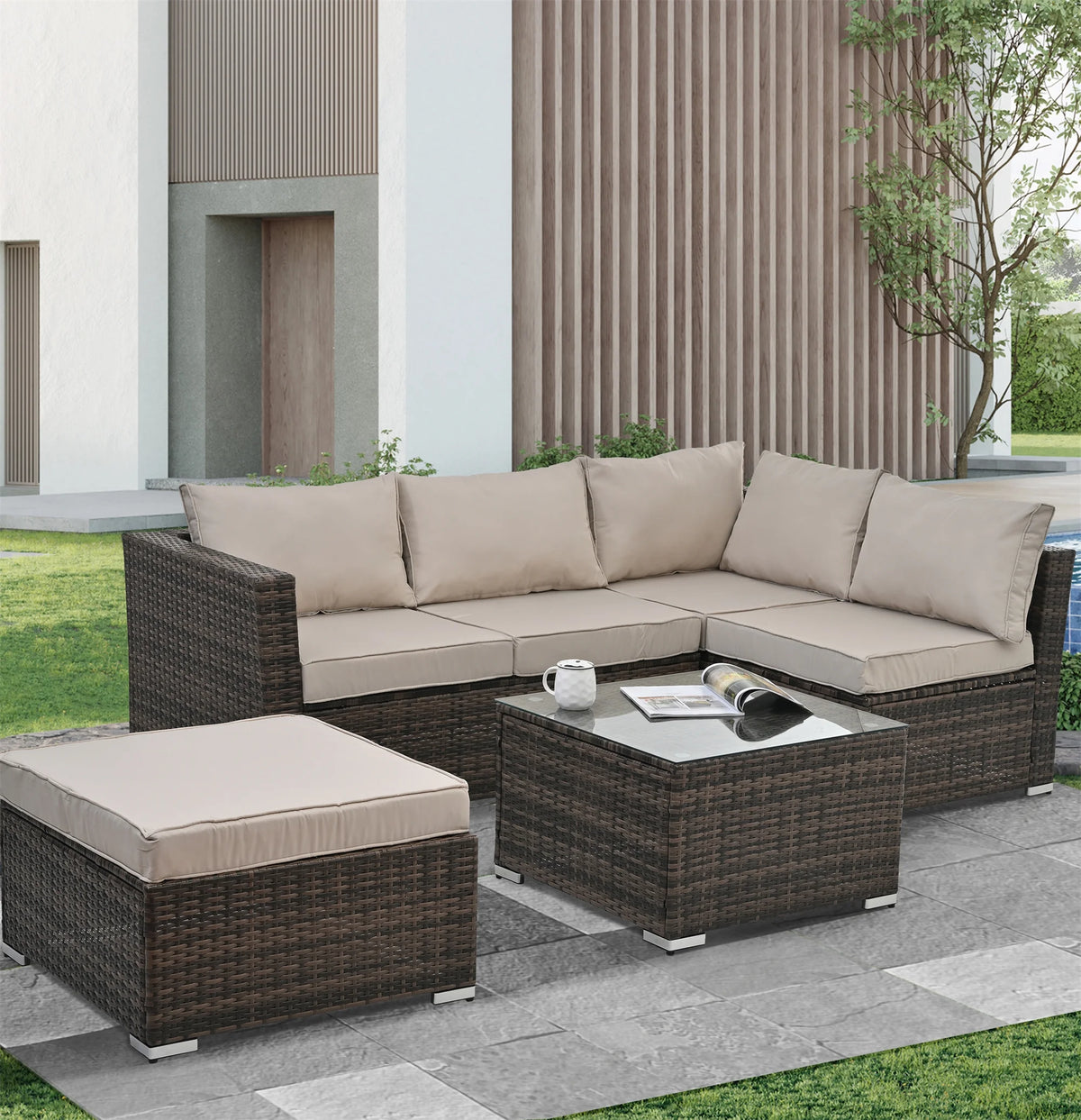 4 Piece All Weather Wicker Rattan Patio Sofa Set with Cushion and Glass Table A63835