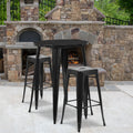 30" Round Black Metal Indoor-Outdoor Bar Table Set with 2 Backless Stools D42294