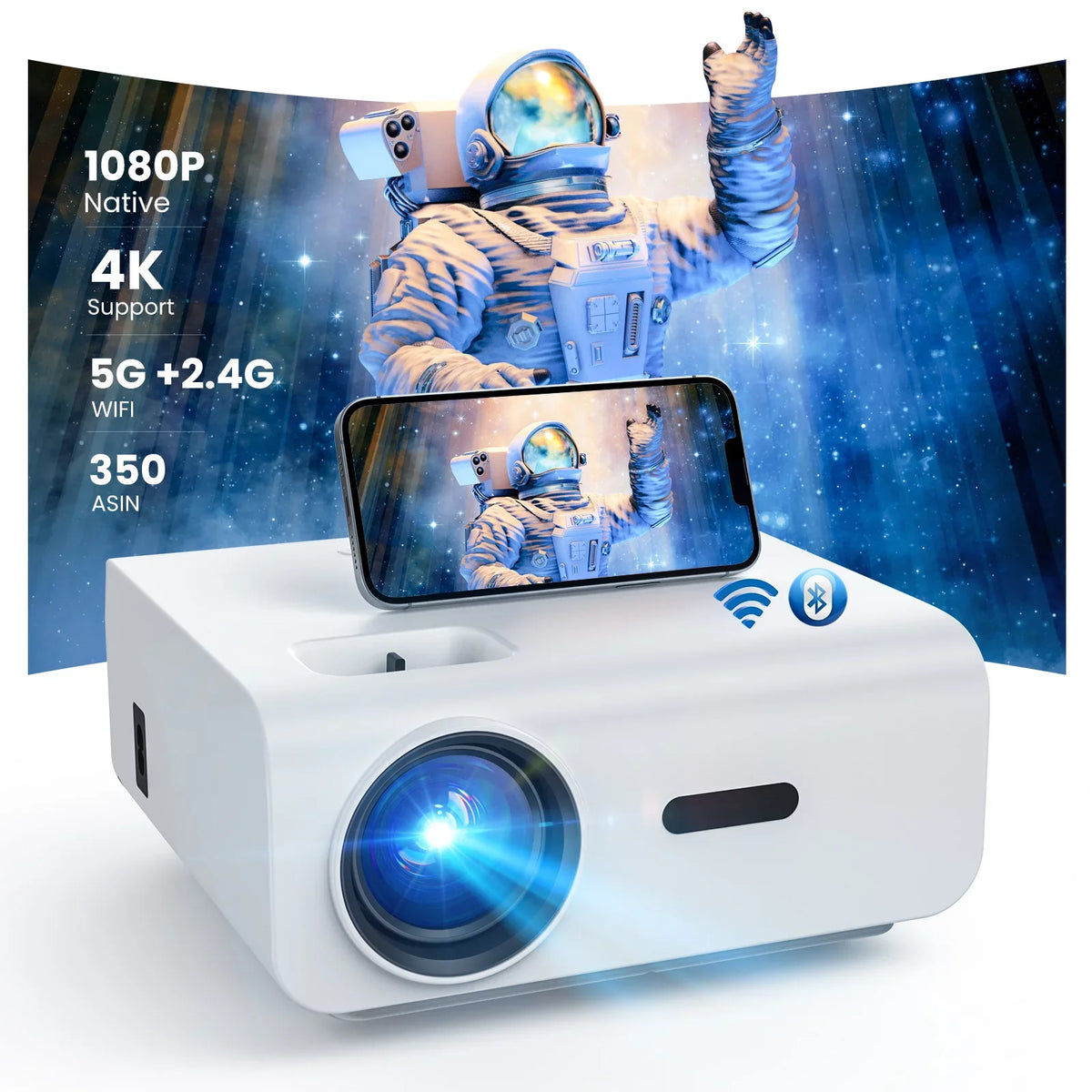 5G WiFi Bluetooth 1080P Projector with 100 Projector Screen V697226