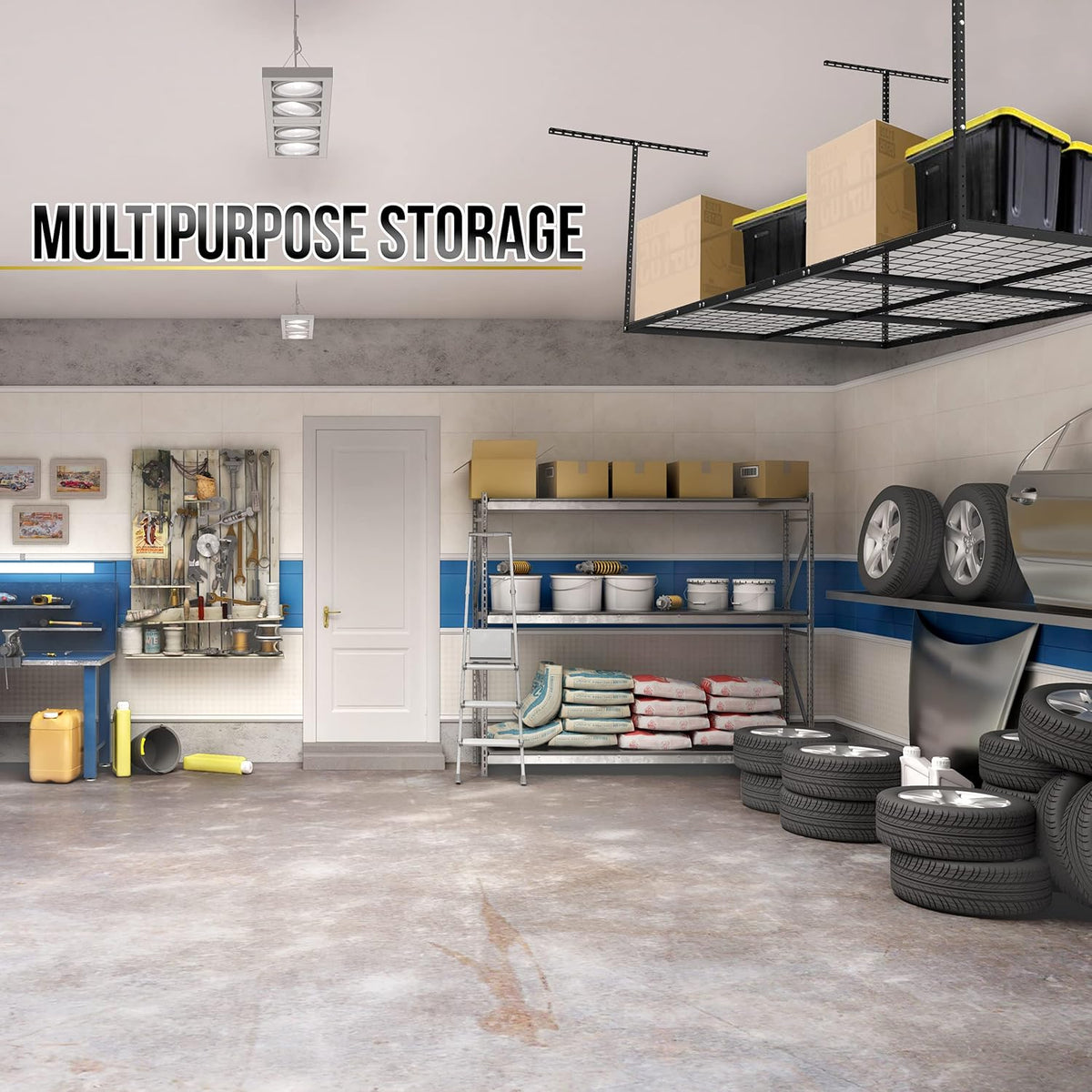 Overhead Garage Shelving Storage Rack, Adjustable 3’ x 6’, Heavy Duty Mounted Storage Shelves with 4 Flat Hooks Q127641