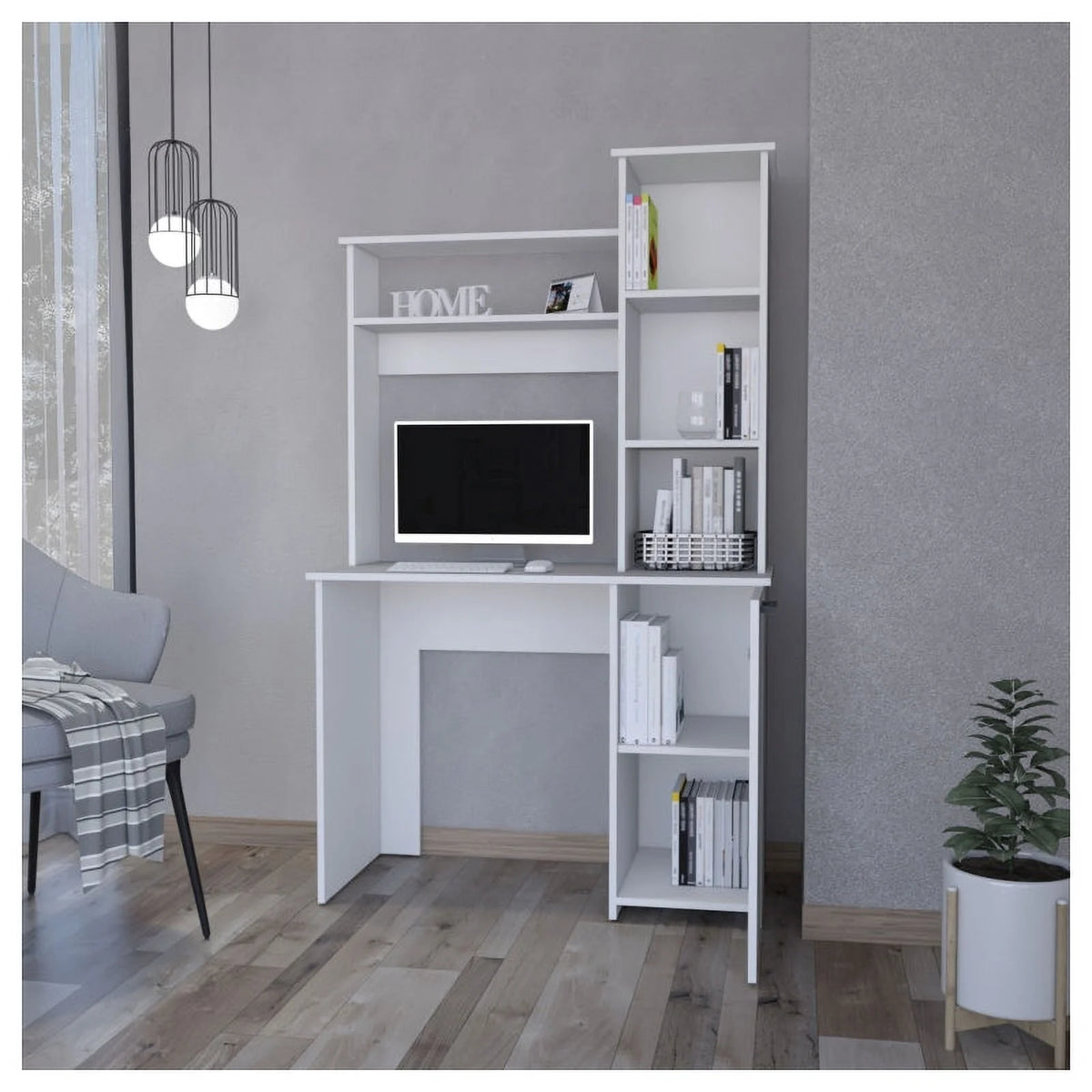 2-Piece Set with Computer Desk and Wood Bookcase in White W943
