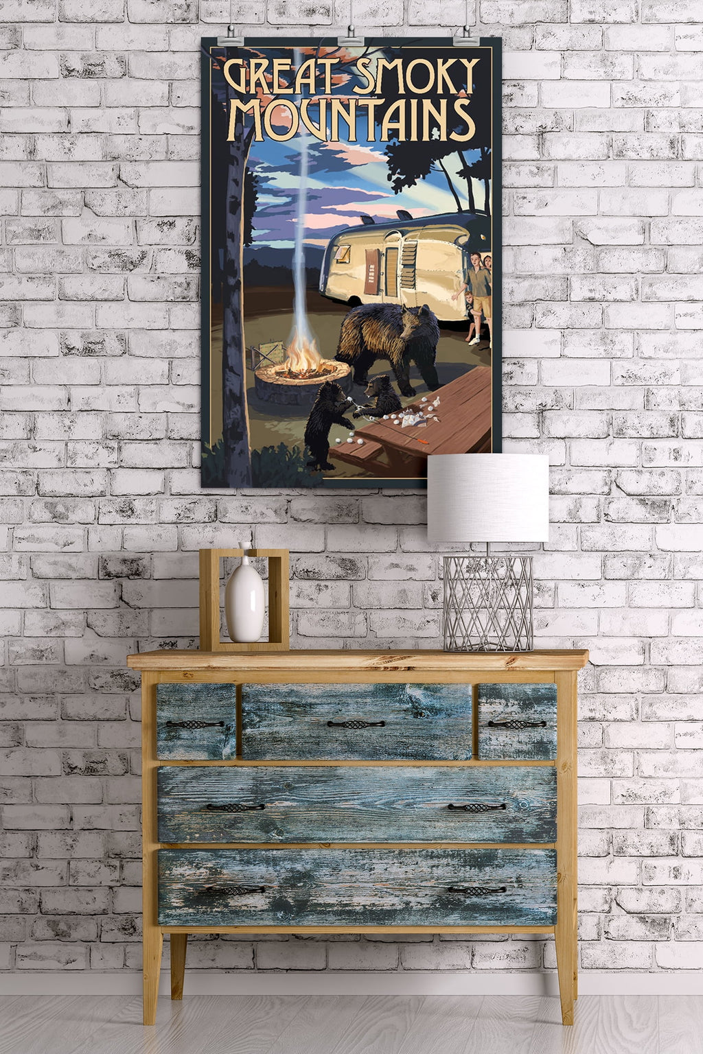 Retro Camper and Lake with Bear Family 24x36 Giclee Art Print P43793