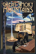 Retro Camper and Lake with Bear Family 24x36 Giclee Art Print P43793