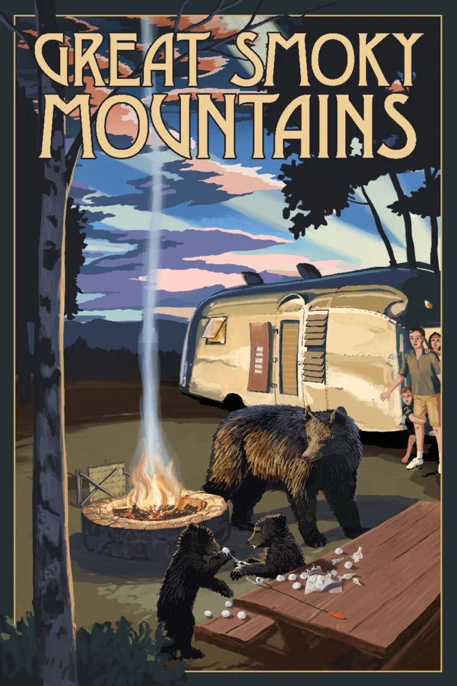 Retro Camper and Lake with Bear Family 24x36 Giclee Art Print P43793