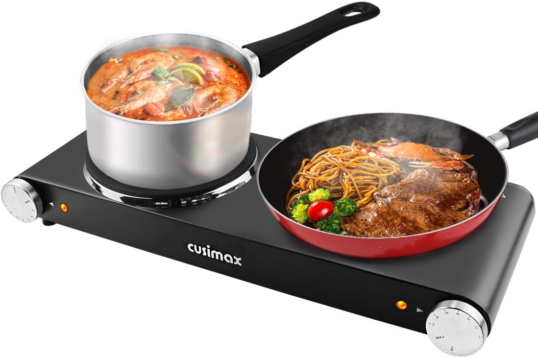 Double Hot Plates Electric Cooktop, Cast Iron, Black Stainless Steel U310212