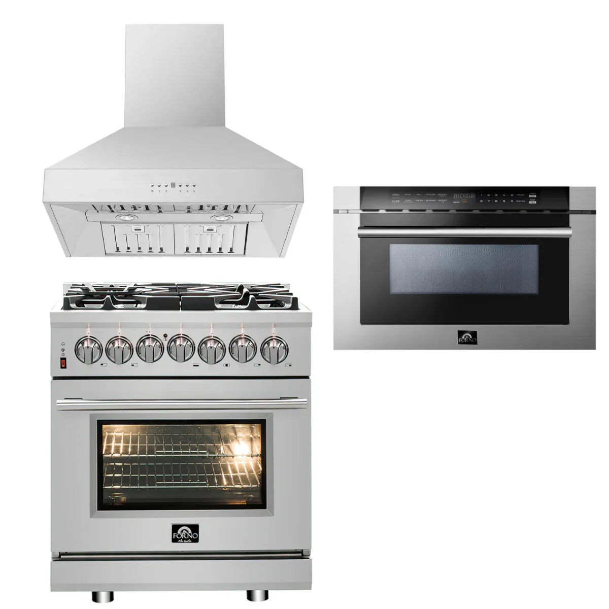30 Dual Fuel Range, Range Hood, Microwave Drawer Appliance Package F6320
