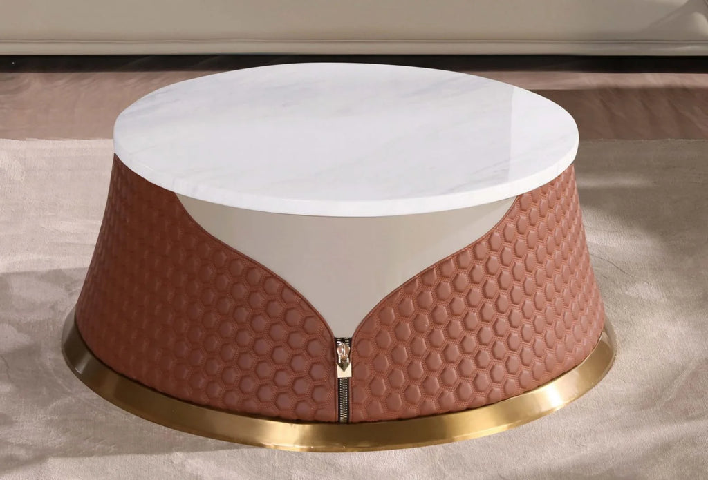 Sand Beige-Cognac Leather Coffee Table Set 2P J99916