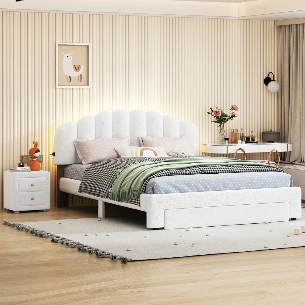 White Queen Size Upholstered Platform Bed with Nightstand F74535