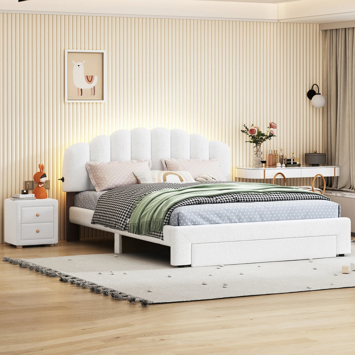 White Queen Size Upholstered Platform Bed with Nightstand F74535