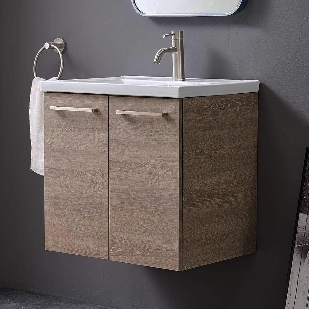 Grey Wood Grain 2-Door Bathroom Vanity with White Ceramic Sink V5436