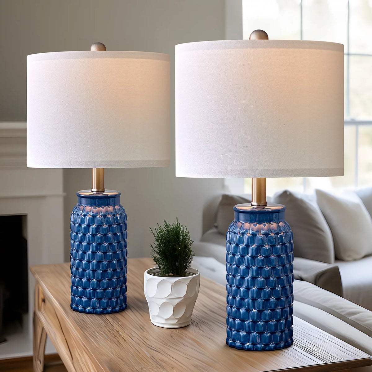 Modern Table Lamp Set of 2 Dark Blue Ceramic C911601
