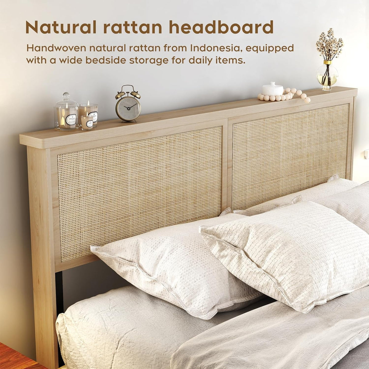 Natural Rattan Queen Bed Frame with Wooden Headboard and 4 Storage Drawers K2078