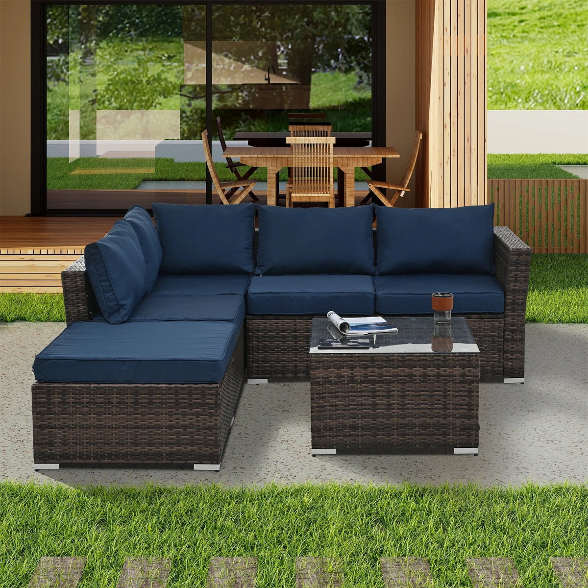 4 Piece All Weather Wicker Rattan Patio Sofa Set with Cushion and Glass Table A63835