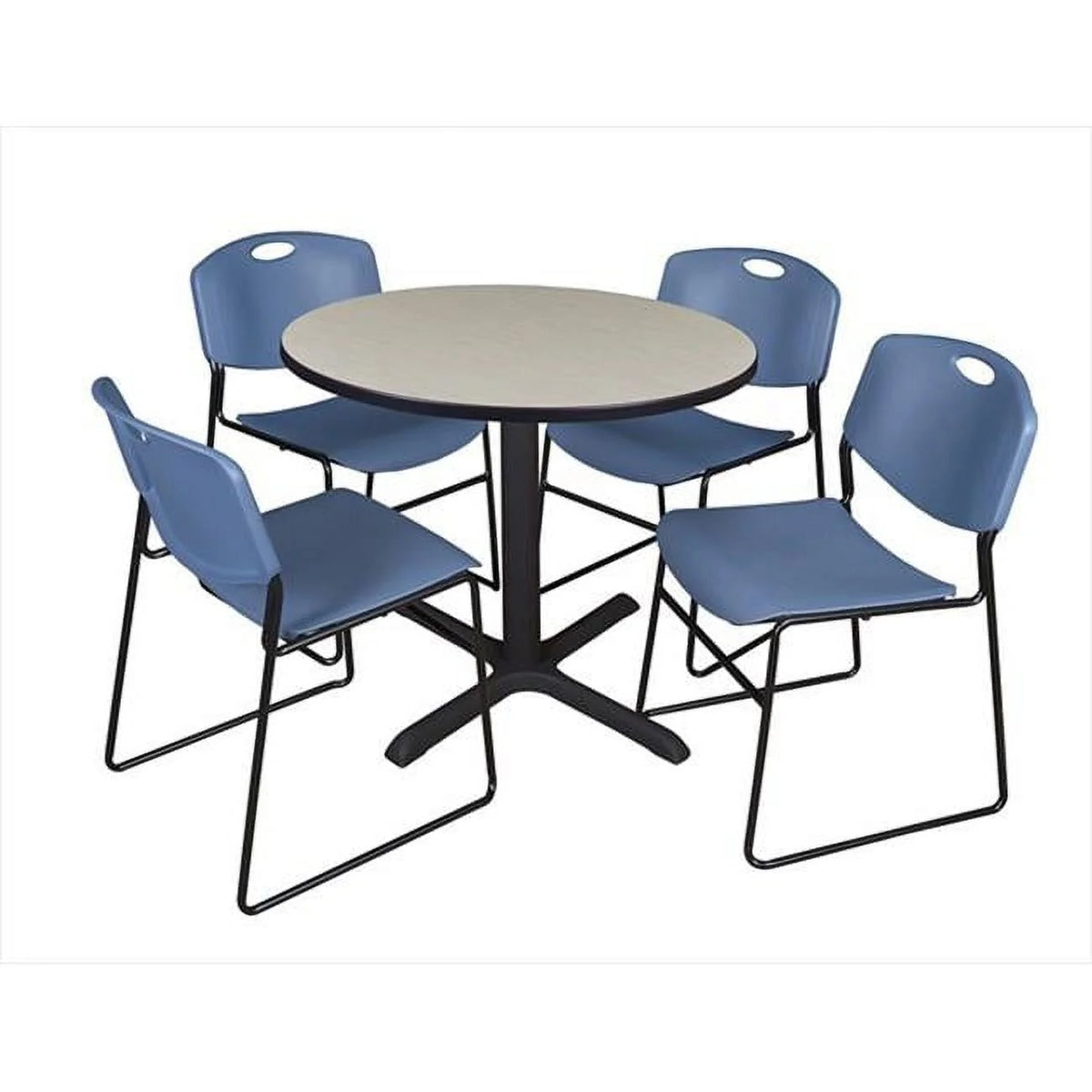 36 In. Round Laminate Table with 4 Blue Stack Chairs R908