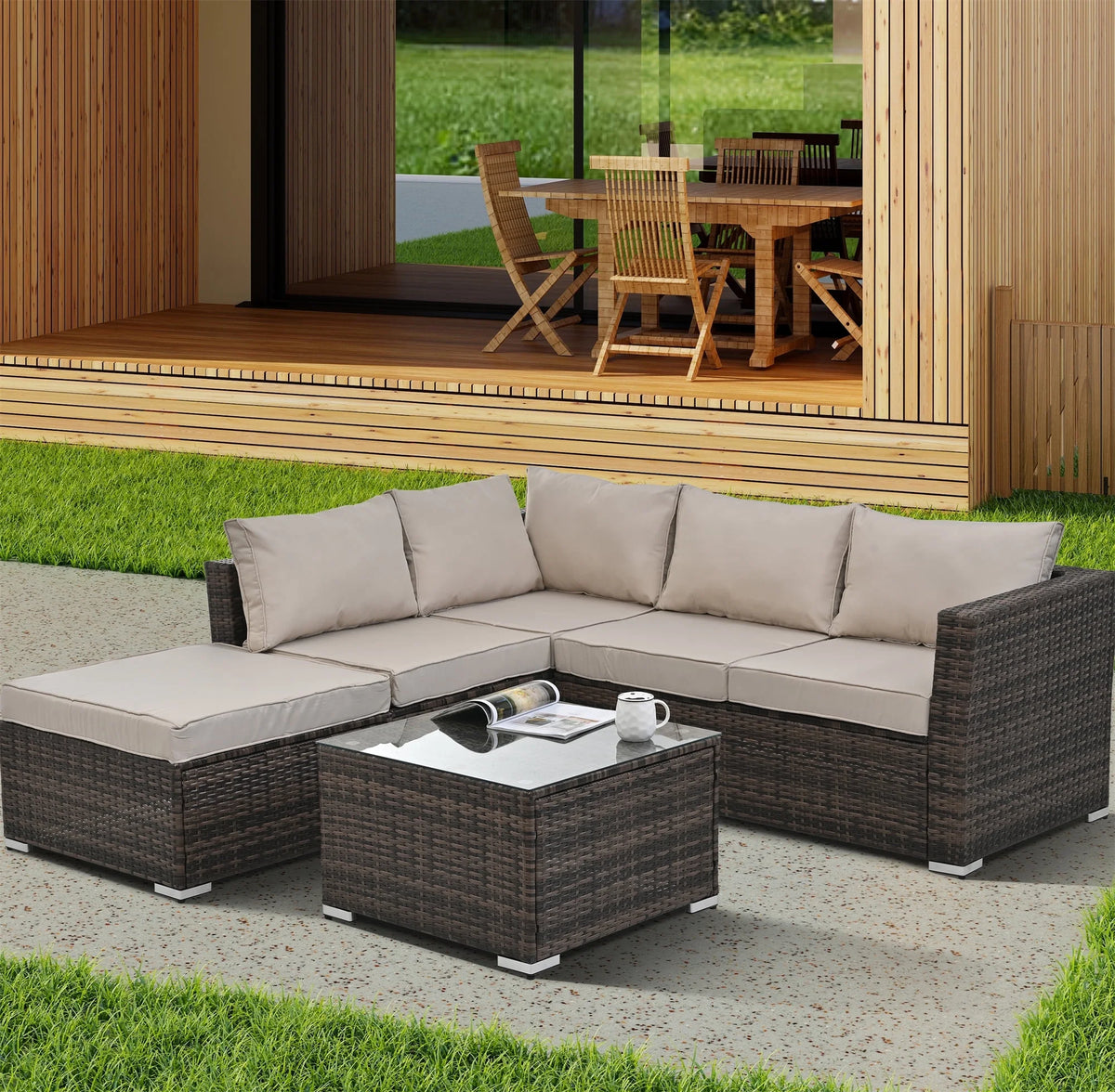 4 Piece All Weather Wicker Rattan Patio Sofa Set with Cushion and Glass Table A63835