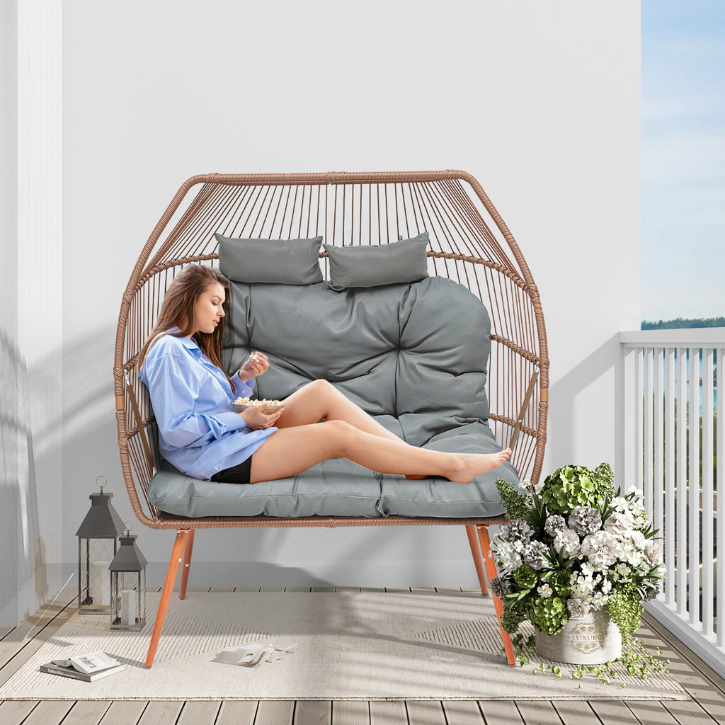 Double Egg Chair with Legs Wicker Egg Chair with Cushions E69362