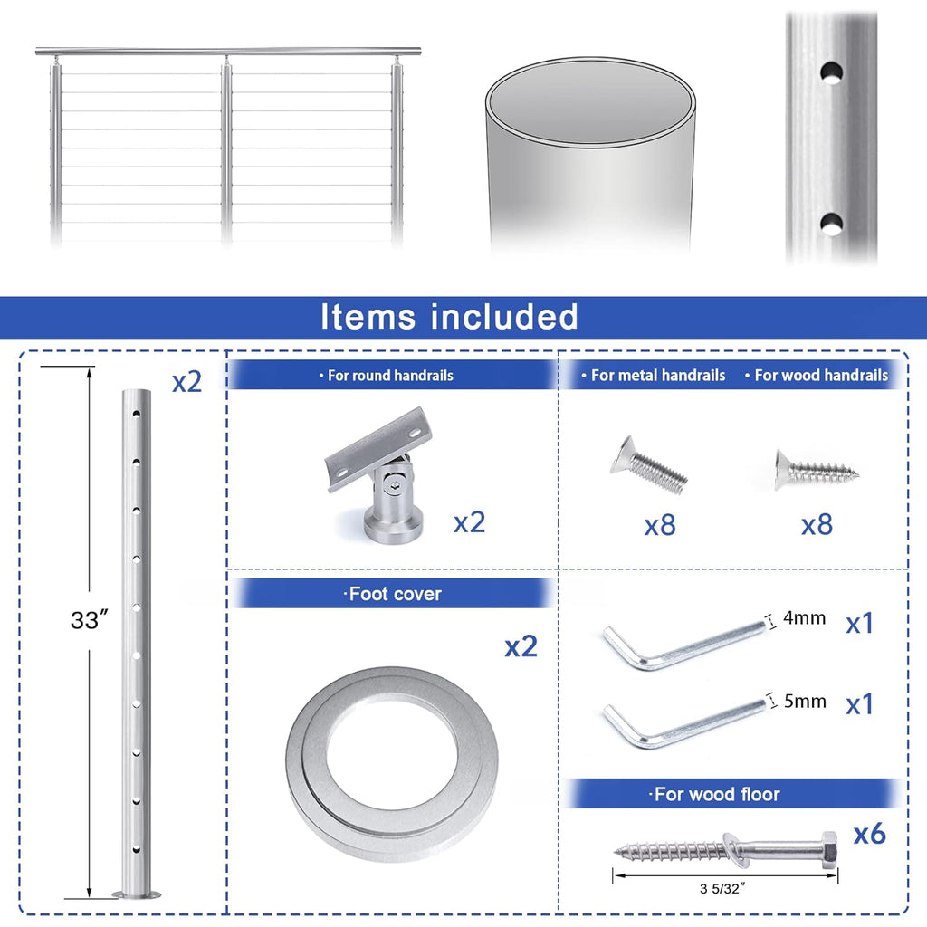 2Pack Stainless Steel Cable Railing Post Round 36x2.36 Surface Mount H3943