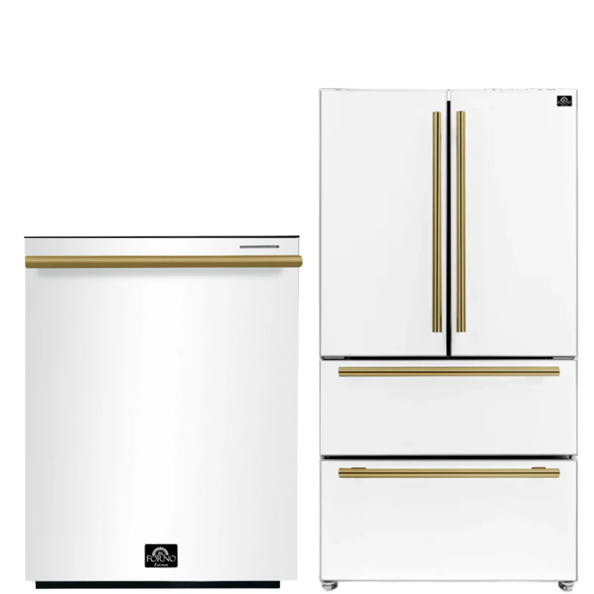 36 Refrigerator and Dishwasher in White with Antique Brass Handles U70779