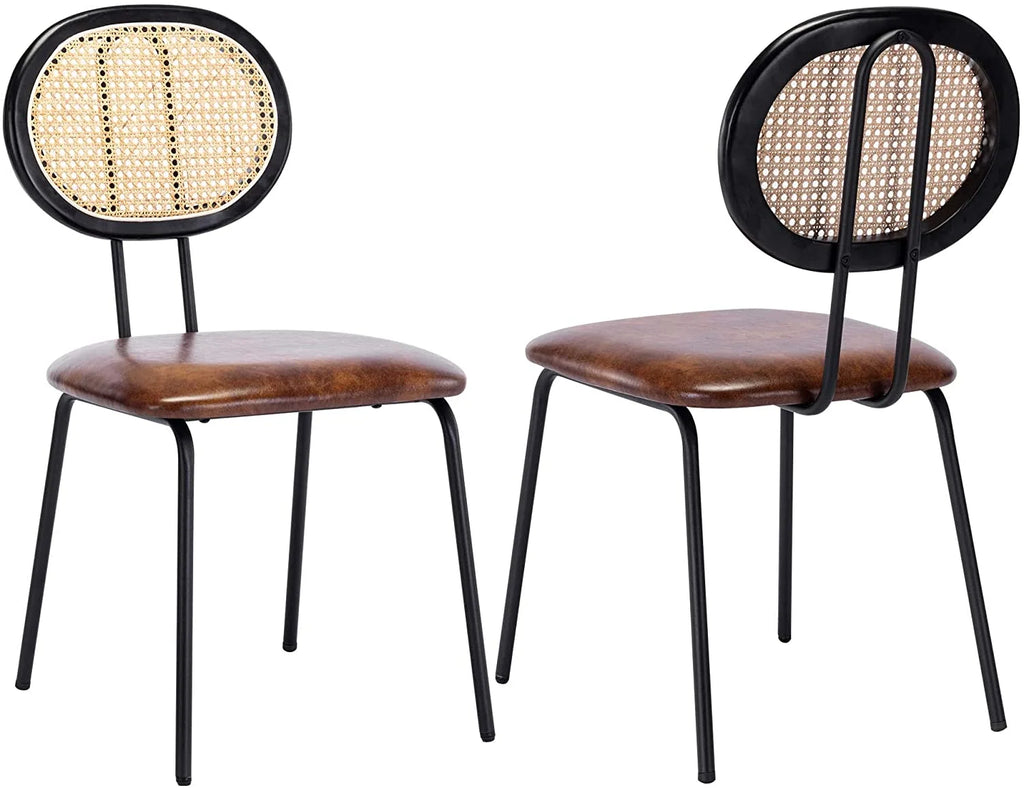 Brown Faux Leather Dining Chairs with Rattan Back and Metal Legs J457641