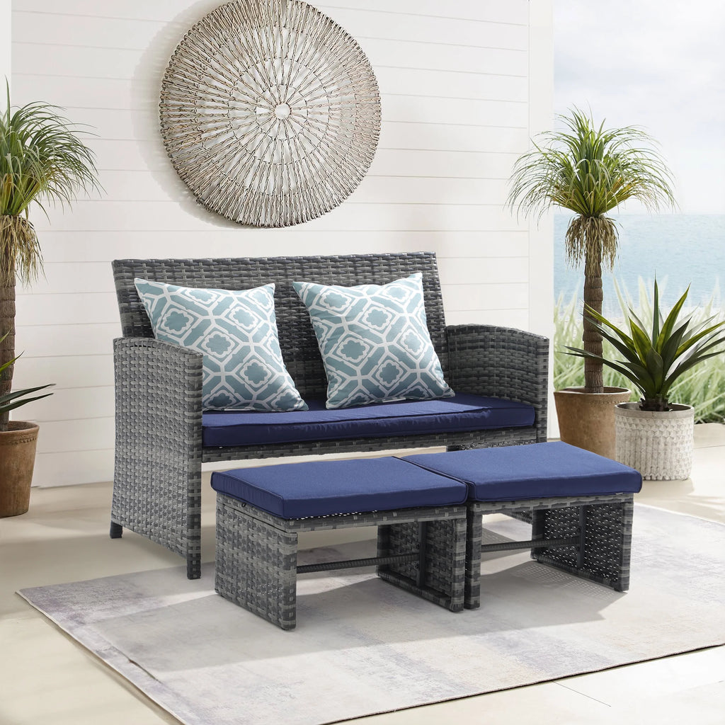 Grey Wicker Outdoor Loveseat with Ottoman and Pillows S747