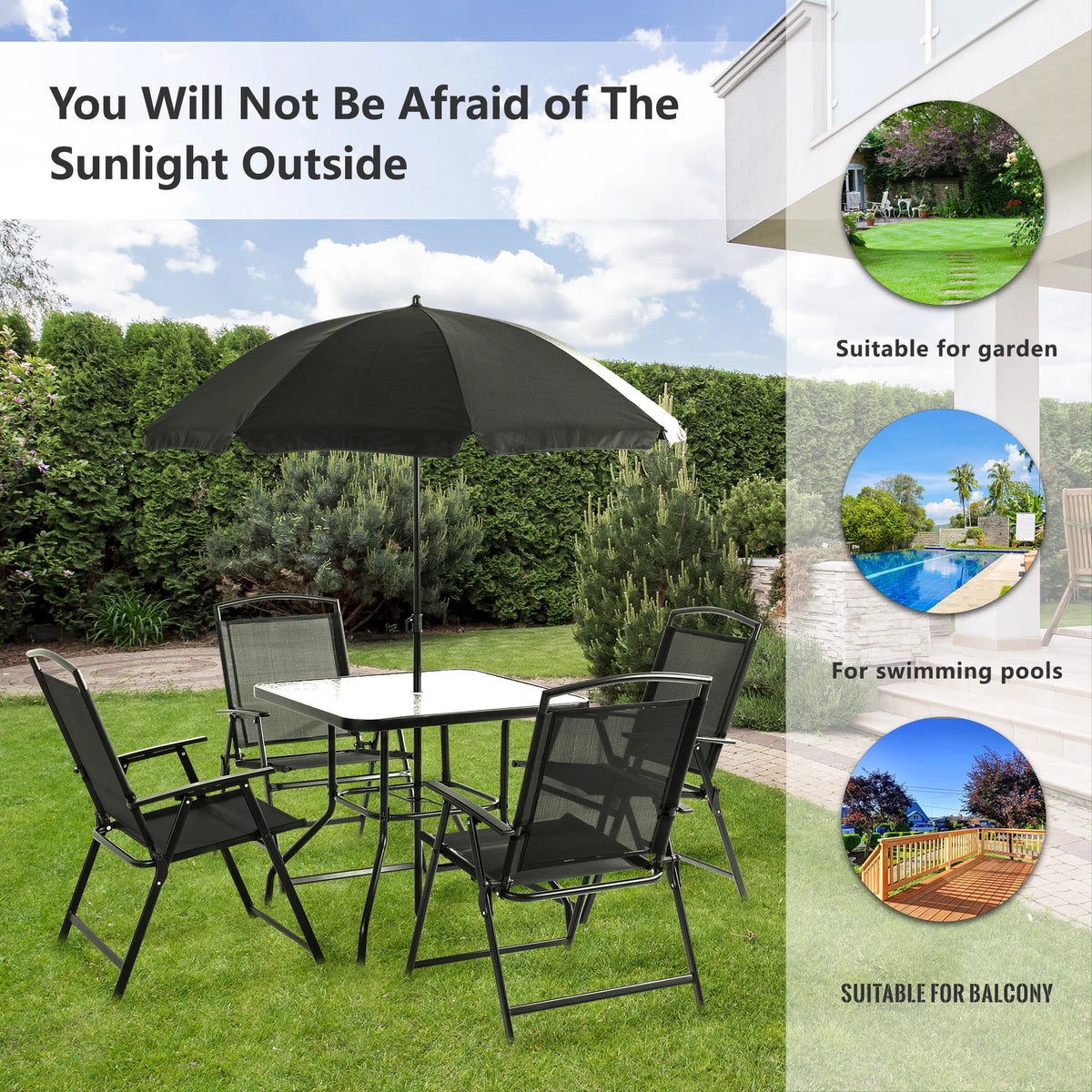 6 Piece Folding Outdoor Dining Set for 4 with Umbrella, Black P683514