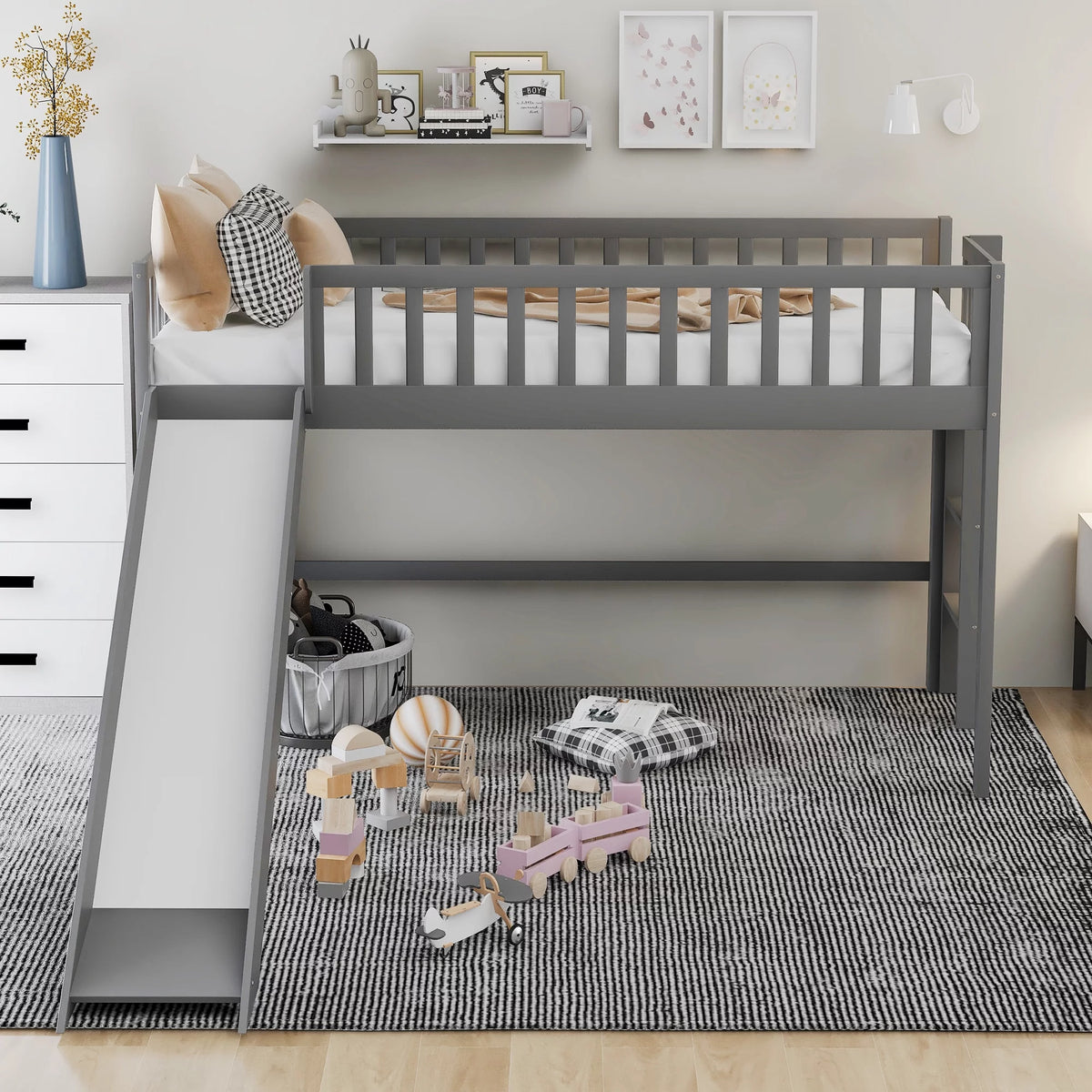 Wood Twin Loft Bed with Ladder and Slide, Gray Z972