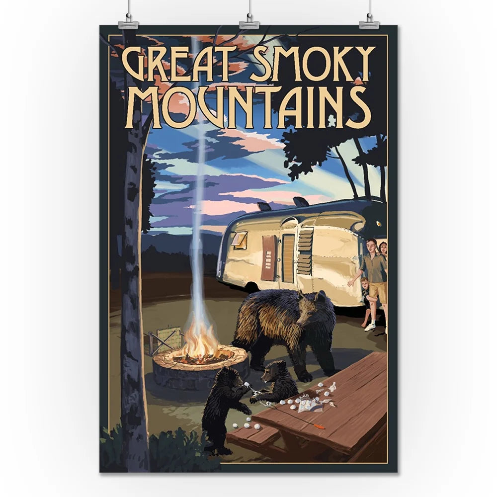 Retro Camper and Lake with Bear Family 24x36 Giclee Art Print P43793