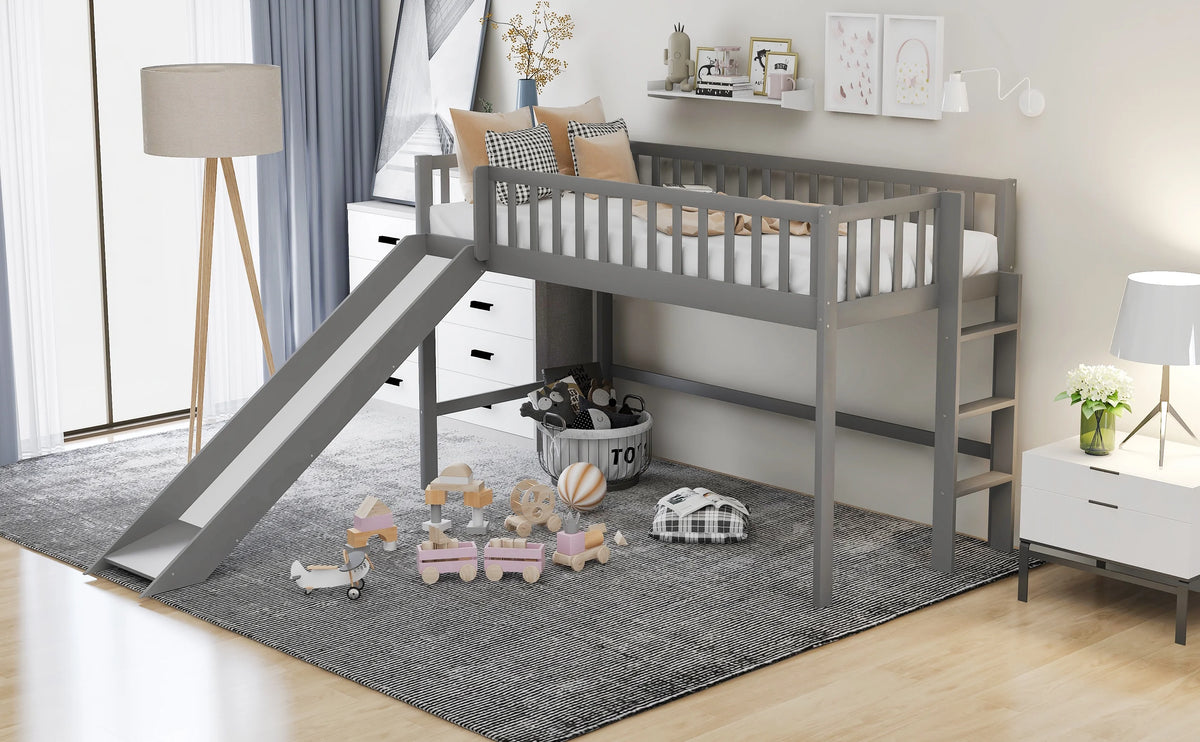 Wood Twin Loft Bed with Ladder and Slide, Gray Z972