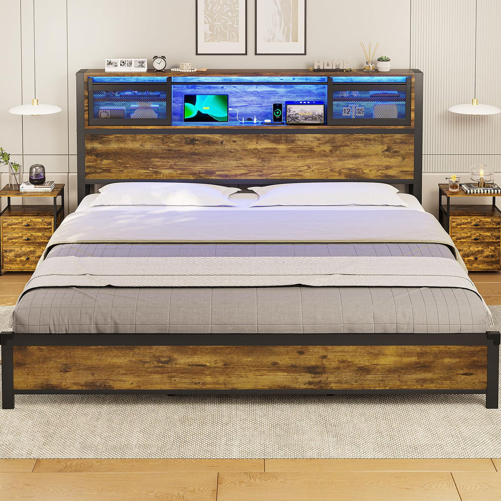 Queen Size Metal Platform Bed Frame with Storage Headboard F664927