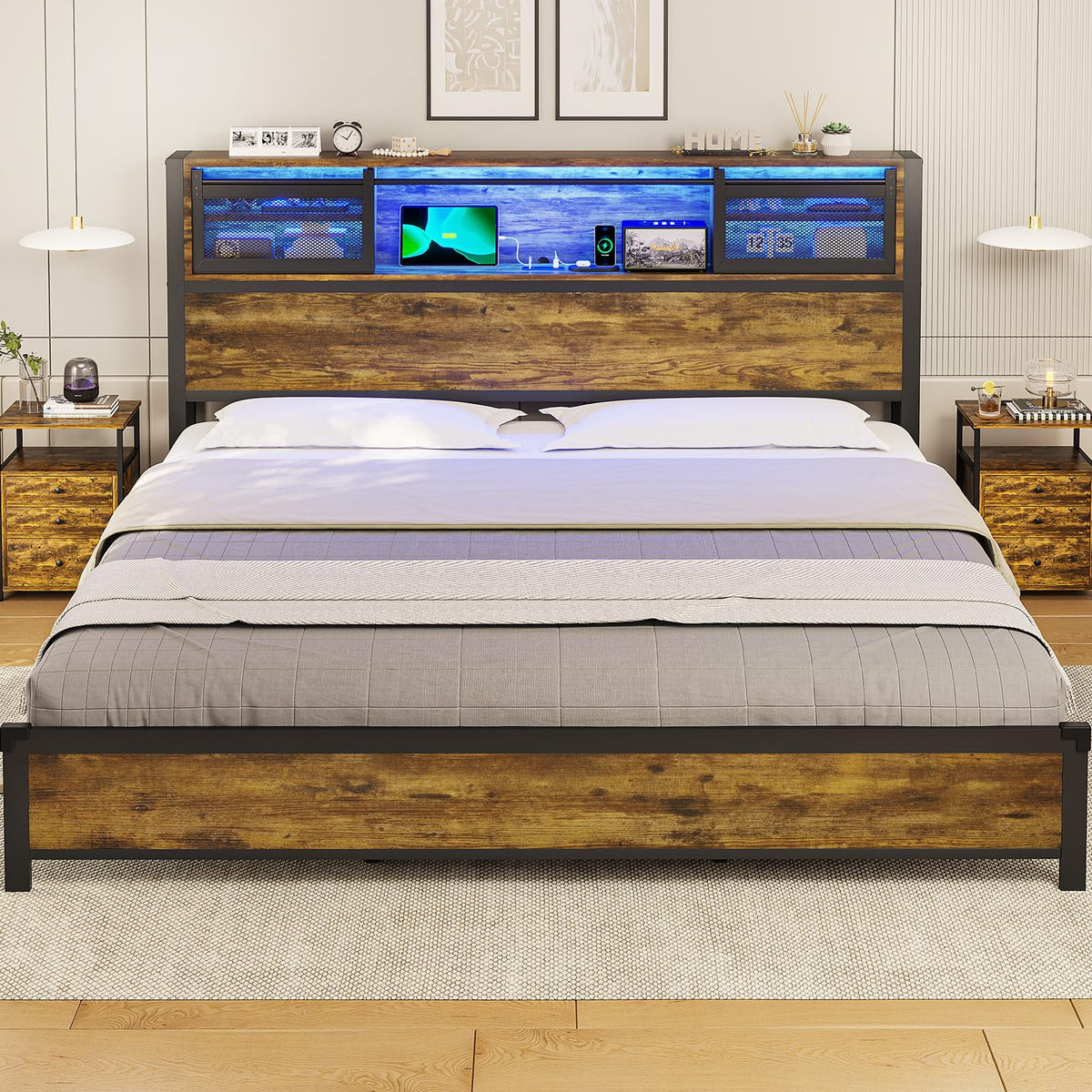 Queen Size Metal Platform Bed Frame with Storage Headboard F664927