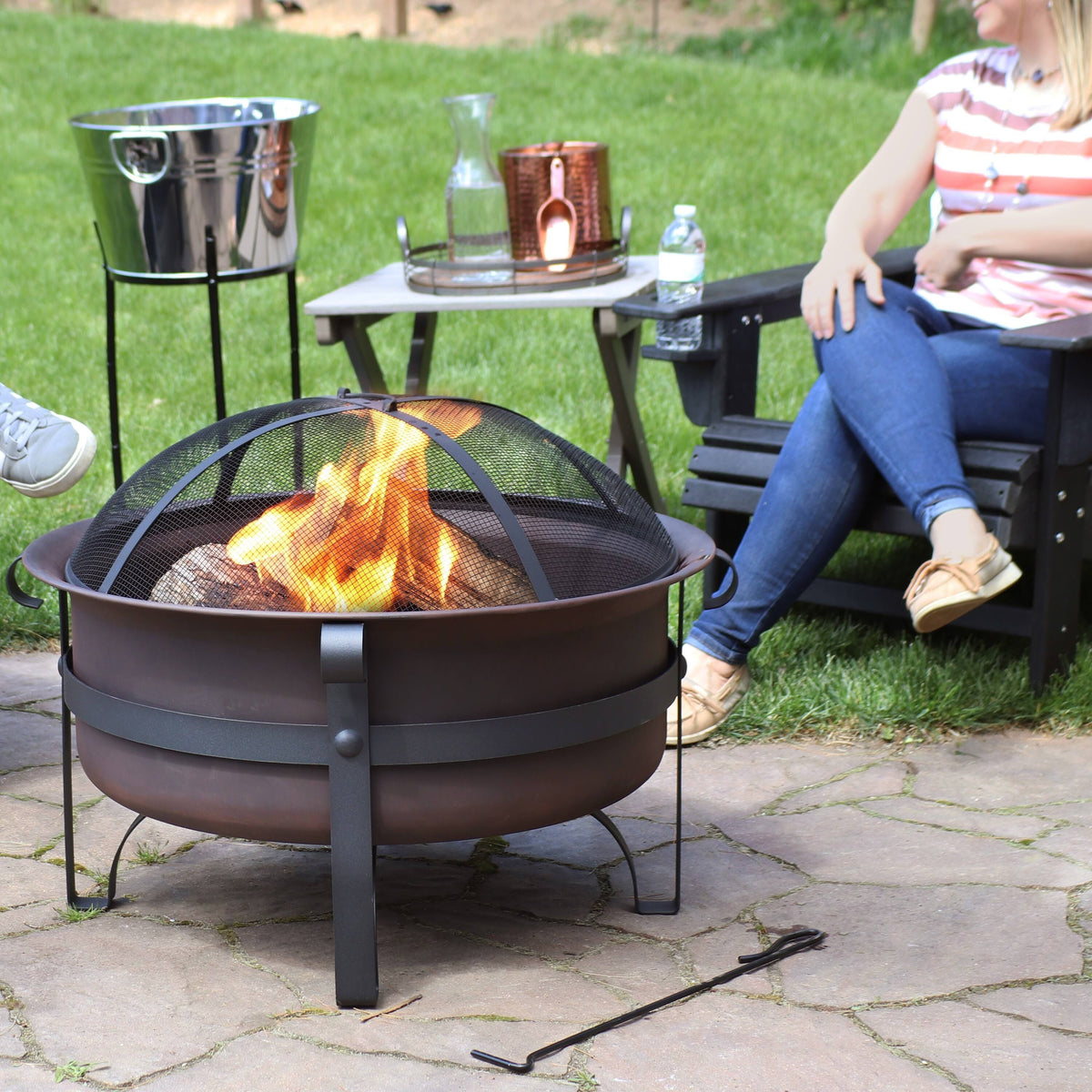 Bronze Steel Fire Pit with Spark Screen - 29-inch I752132