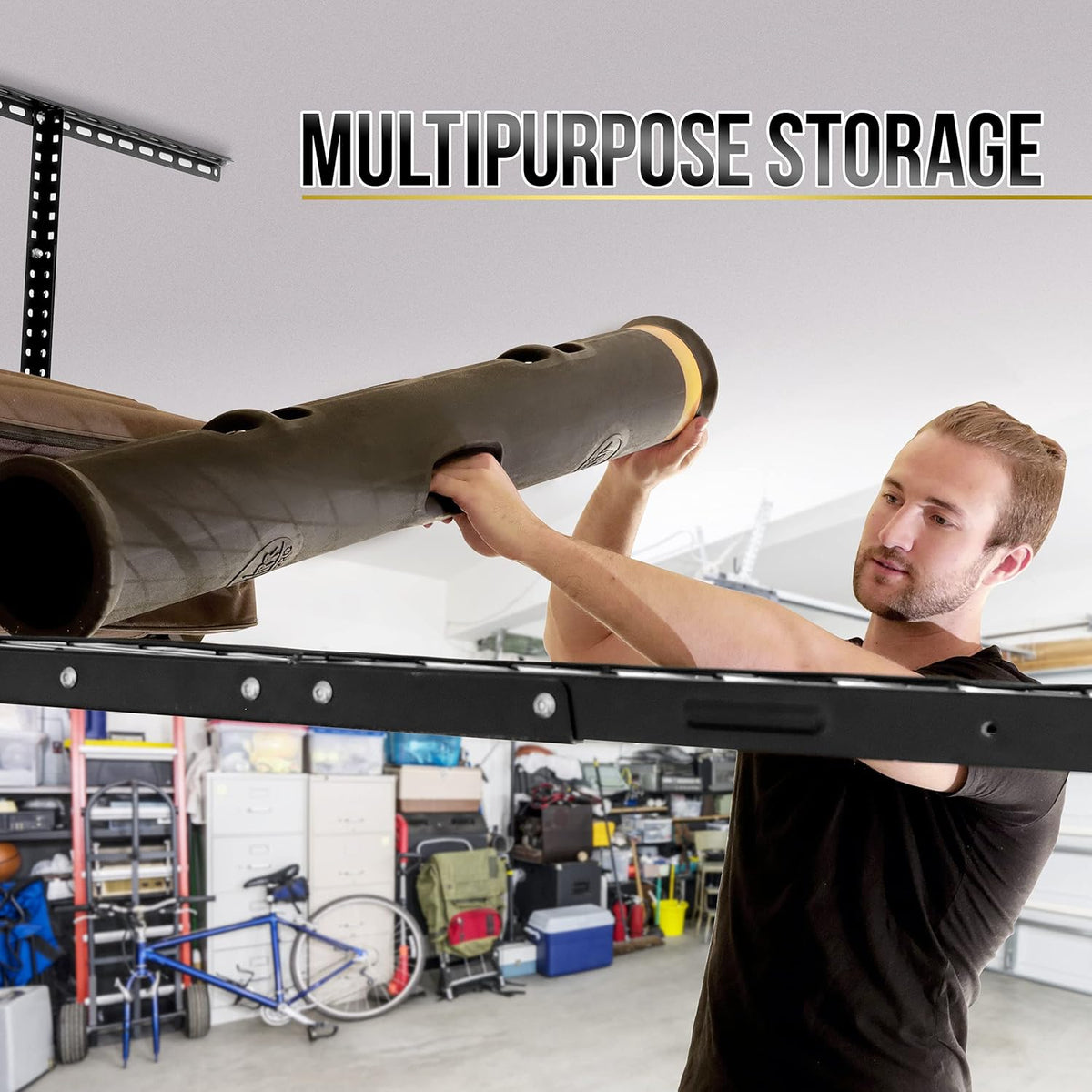 Overhead Garage Shelving Storage Rack, Adjustable 3’ x 6’, Heavy Duty Mounted Storage Shelves with 4 Flat Hooks Q127641