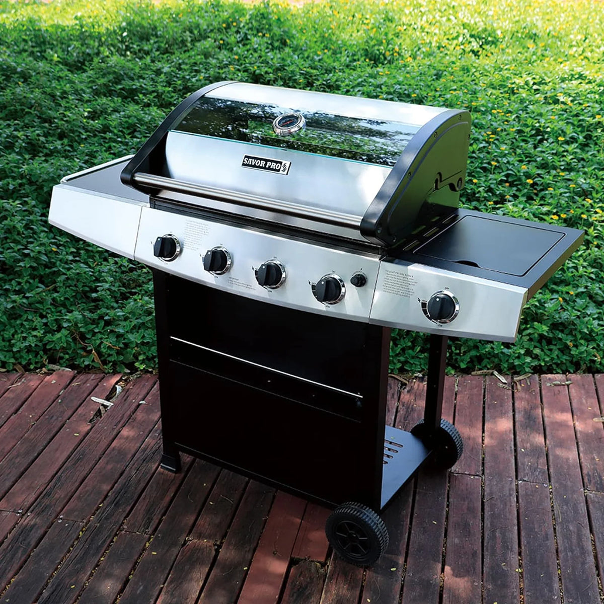 4-Burner Propane Gas Grill with Side Burner, Stainless Steel 60,000 BTU, Black F328386
